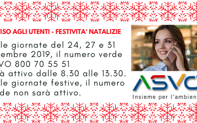 Variazioni d’orario per il numero verde di ASVO in occasione delle prossime festività